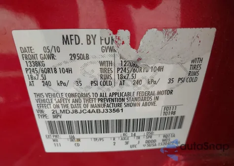 2010 Lincoln Mkx z USA, uszkodzony, nr VIN 2LMDJ8JC4ABJ33561